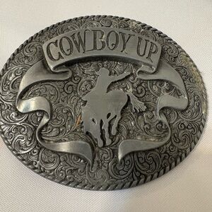 Cowboy Up Men’s belt buckle western scroll background bronco rider silhouette